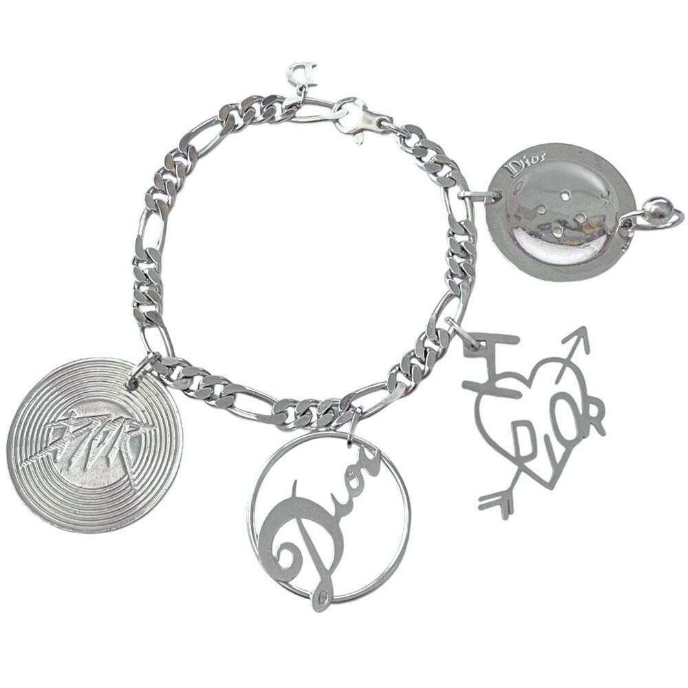 AUTH VTG Christian Dior Silver Figaro Chain Link Large Logo Charm Bracelet